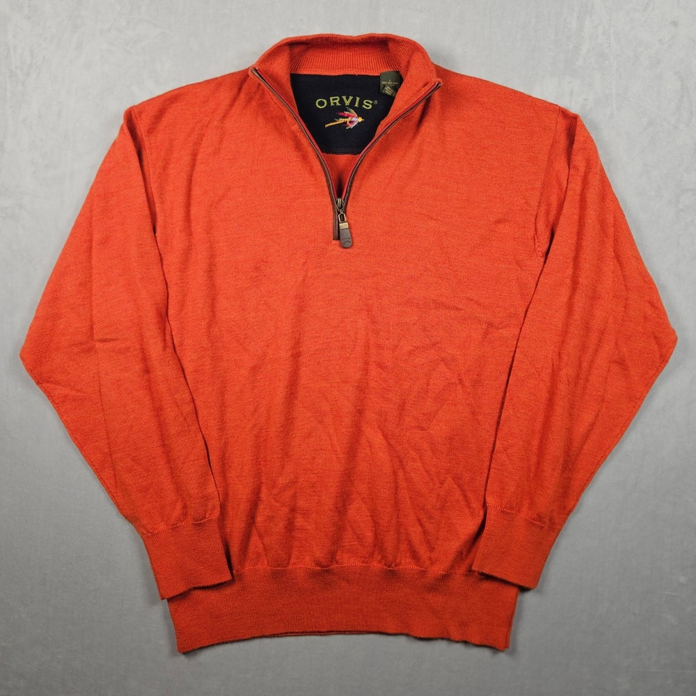 Orvis Quarter Zip Sweater Mens Large Orange Wool Nylon Blend Mock Neck Pullover